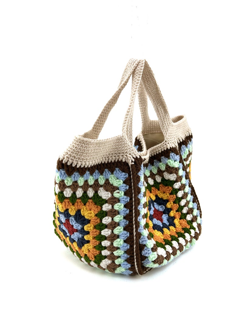 Handmade Crocheted Grandmother'S Square Handbag Hand Hook Square Stitching Large Capacity Women'S Hand-Held Finished Bag - Image 3