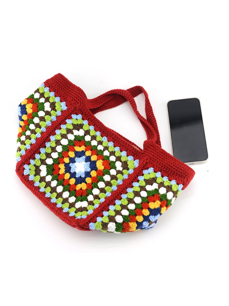 Handmade Crocheted Grandmother'S Square Handbag Hand Hook Square Stitching Large Capacity Women'S Hand-Held Finished Bag - Image 5