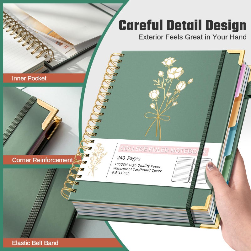 Ovesmusl Hardcover Spiral Notebooks 8.5" X 11" Note Taking 5 Subject Notebook College Ruled with Dividers 240 Pages 100GSM Aesthetic Spiral Notebook for Work School Cute Journals for Women Writing - Image 4