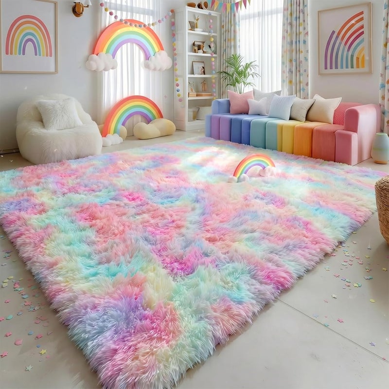 Amdrebio Rainbow Fluffy Rugs for Girls Bedroom, Unicorn Room Decor,Pastel Area rug for Kids, Shag Carpet for Nursery, Soft Play Mat for Baby, Fuzzy Rug for Living room, Plush Rug for Playroom, Throw Rug 6x9 - Image 1