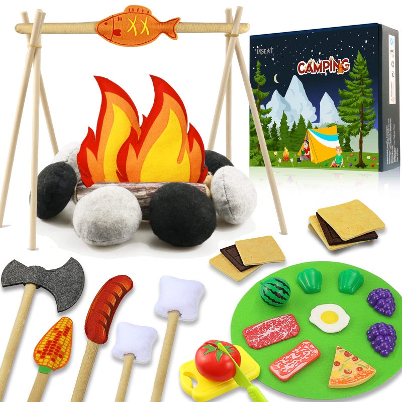 Inslat 45 PCS Pretend Play Campfire Toy for Kids Toddler Camping Toys Play Set Felt Campfire Playset with Pretend Cutting Fruits Plush Fake Fire for Boys Girls Age 3 4 5 6 7 - Image 4