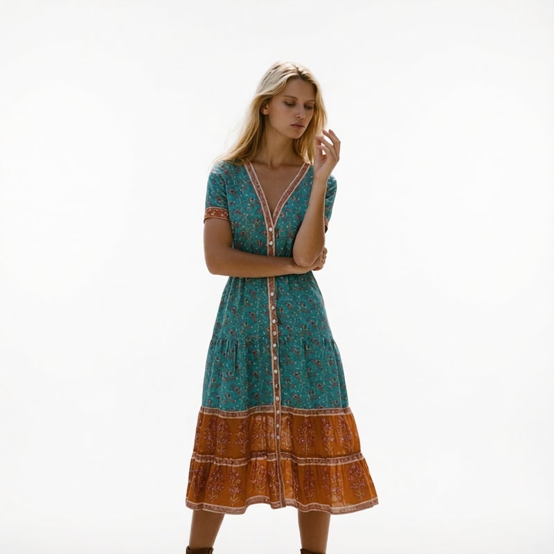 V-Neck Print Button Boho Plus Size Loose Dress - Image 1