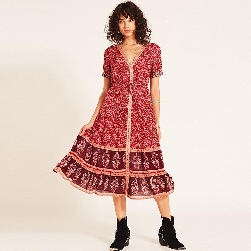 V-Neck Print Button Boho Plus Size Loose Dress - Image 2