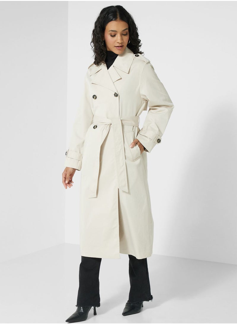 MANGO - Belted Button Detail Longline Coat - Image 1