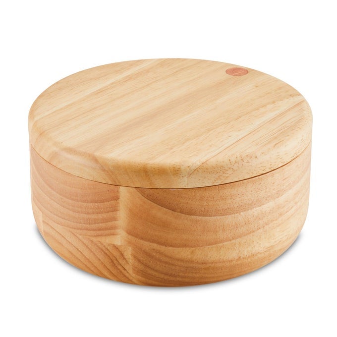 CURRY PANTRYWARE PARAWOOD ROUND WOODEN SALT AND SPICE BOX WITH TWO COMPARTMENTS 17 OUNCE BROWN