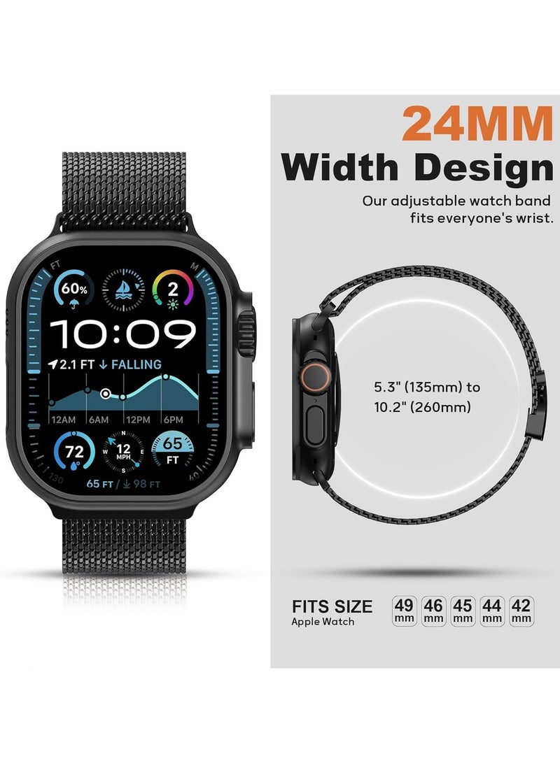 Black Milanese Mesh Loop Compatible with Apple Watch 49mm 46mm 45mm 44mm 42mm Stainless Steel Band with Parachute Buckle for iWatch Ultra 2 Series 10 9 8 7 6 SE 5 4 3 for Men Women - Image 4