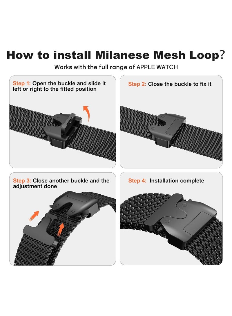 Black Milanese Mesh Loop Compatible with Apple Watch 49mm 46mm 45mm 44mm 42mm Stainless Steel Band with Parachute Buckle for iWatch Ultra 2 Series 10 9 8 7 6 SE 5 4 3 for Men Women - Image 3