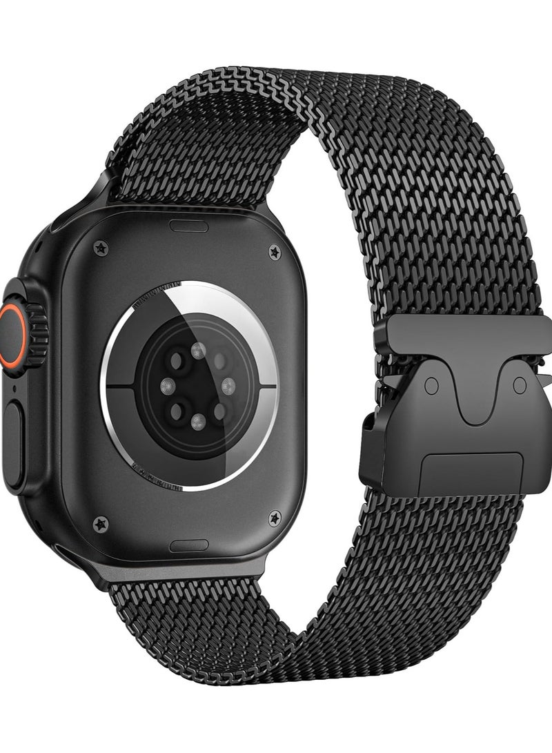 Black Milanese Mesh Loop Compatible with Apple Watch 49mm 46mm 45mm 44mm 42mm Stainless Steel Band with Parachute Buckle for iWatch Ultra 2 Series 10 9 8 7 6 SE 5 4 3 for Men Women - Image 1