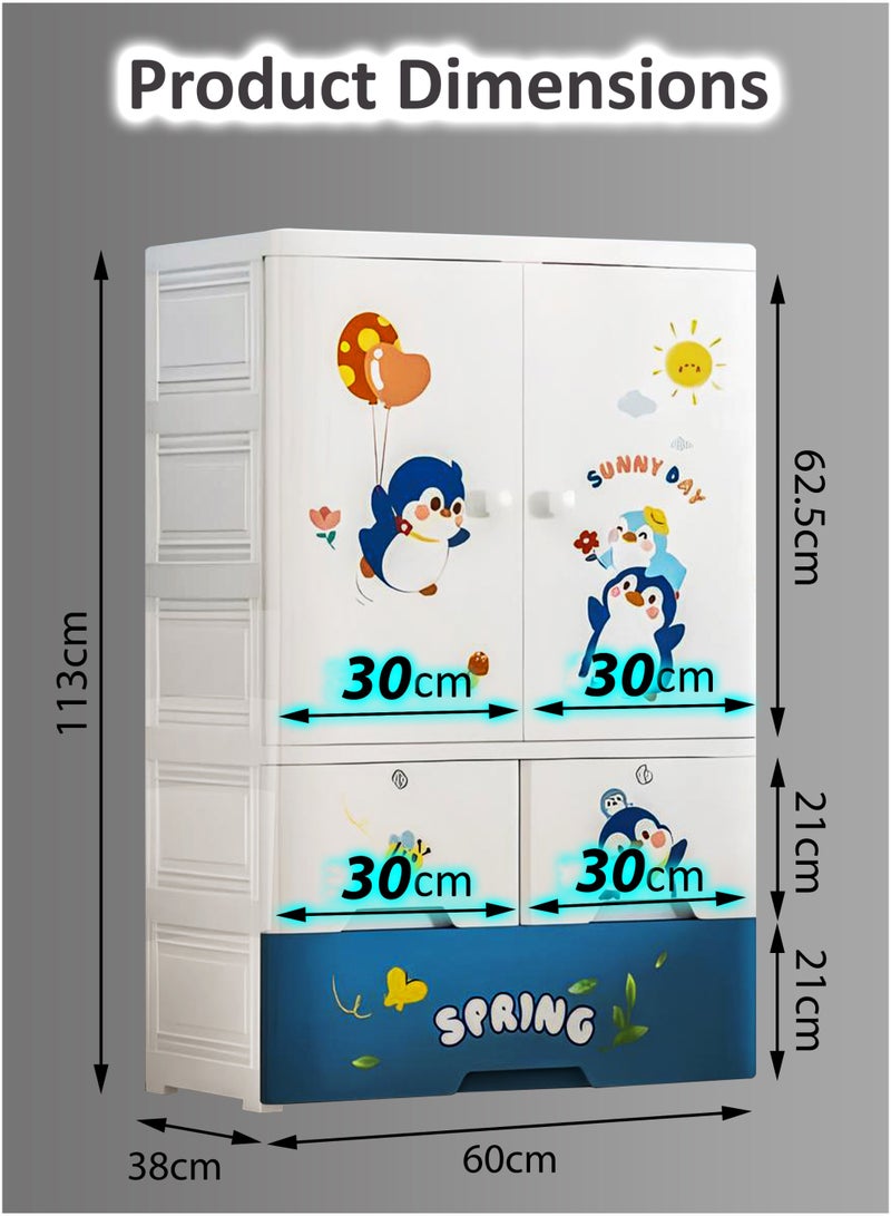 Portable Kids Large Wardrobe Closet with 2 Doors Collapsible Plastic Baby Armoire Storage Cabinet with Hanging Rod And 3 Drawers Children Clothes Storage Box Container Cabinet Organizer Toddler Dresser Quick Install For Bedrooms, Playrooms, Nursery and Multipurpose Use With Cartoon Characters