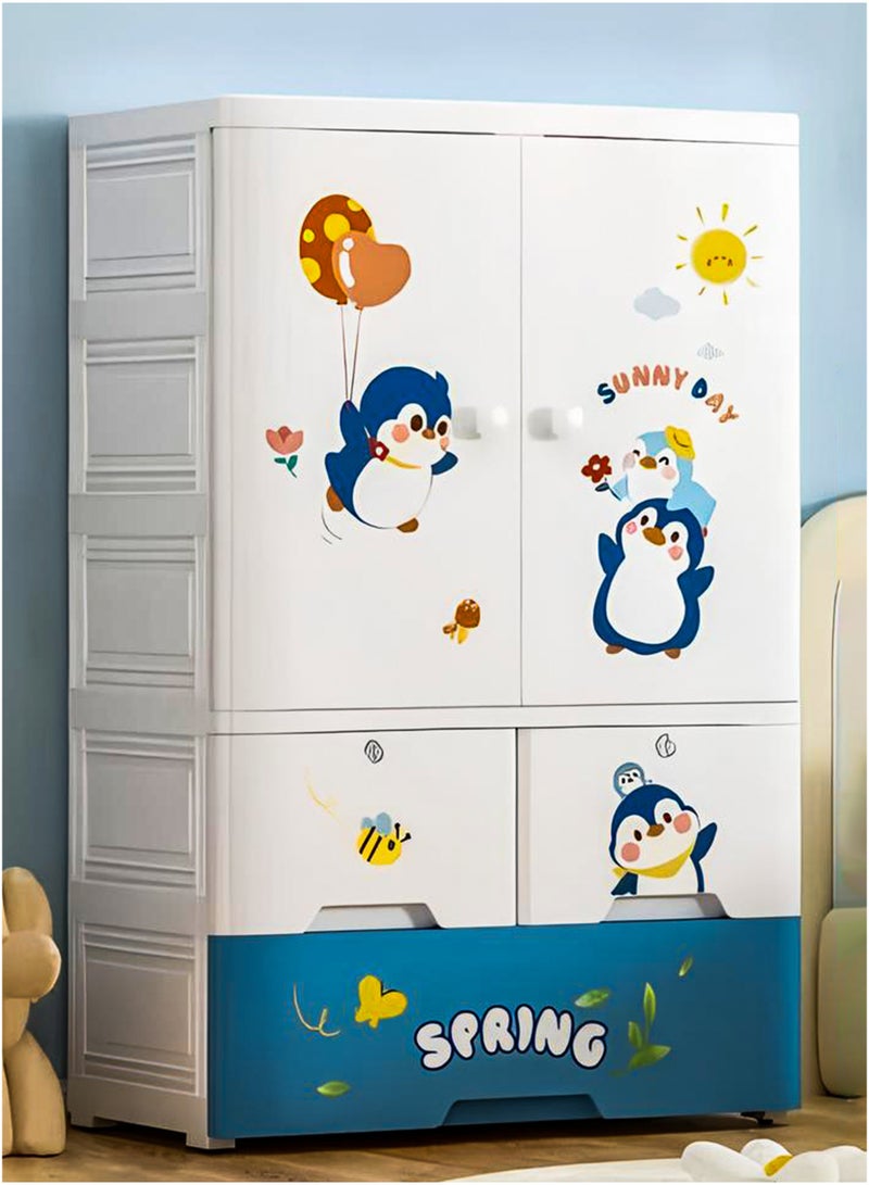 Portable Kids Large Wardrobe Closet with 2 Doors Collapsible Plastic Baby Armoire Storage Cabinet with Hanging Rod And 3 Drawers Children Clothes Storage Box Container Cabinet Organizer Toddler Dresser Quick Install For Bedrooms, Playrooms, Nursery and Multipurpose Use With Cartoon Characters