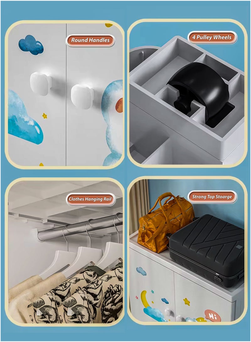 Toshionics Portable Kids Large Wardrobe Closet with 2 Doors Collapsible Plastic Baby Armoire Storage Cabinet with Hanging Rod And 3 Drawers Children Clothes Storage Box Container Cabinet Organizer Toddler Dresser Quick Install For Bedrooms, Playrooms, Nursery and Multipurpose Use With Cartoon Characters - Image 3