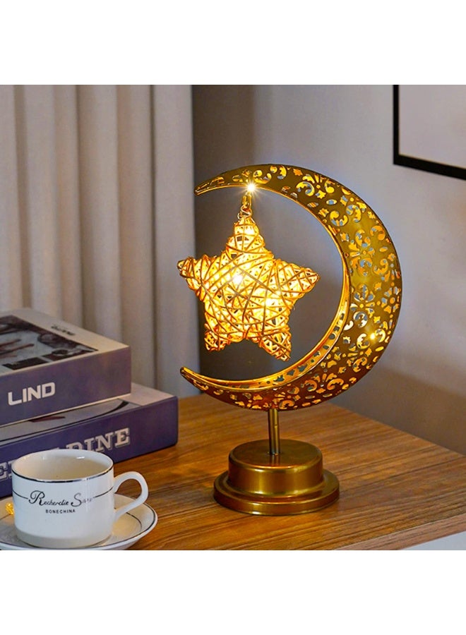 تشيلور زينة رمضان: مصباح طاولة LED مزخرف على شكل نجمة قمرية، مصباح مكتب لاسلكي، طاولة بجانب السرير، مصباح هلالي لغرفة النوم، غرفة الطعام، غرفة المعيشة، ديكور مكتب (نمط نجمة الروطان). - Image 1