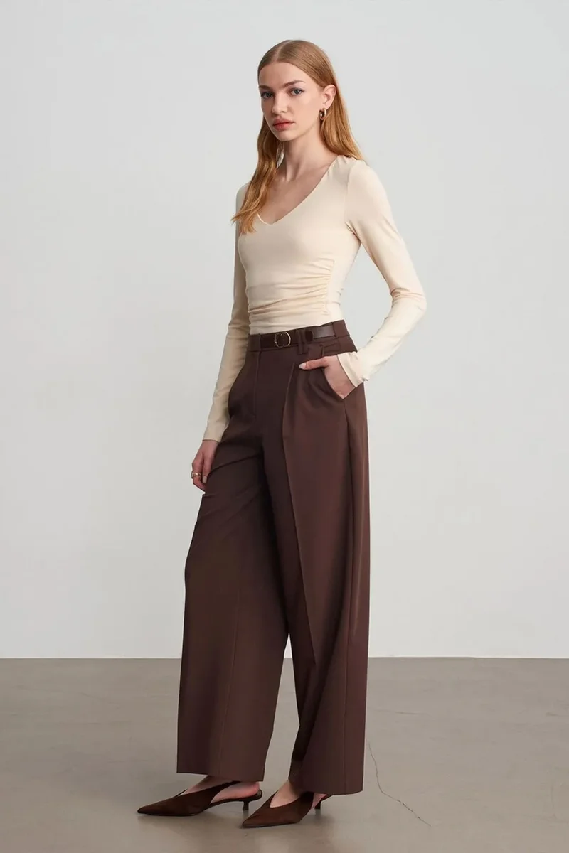 Dilvin Coffee Brown DILVIN Wide-leg Belted Crepe Trousers for Women | Best Price UAE