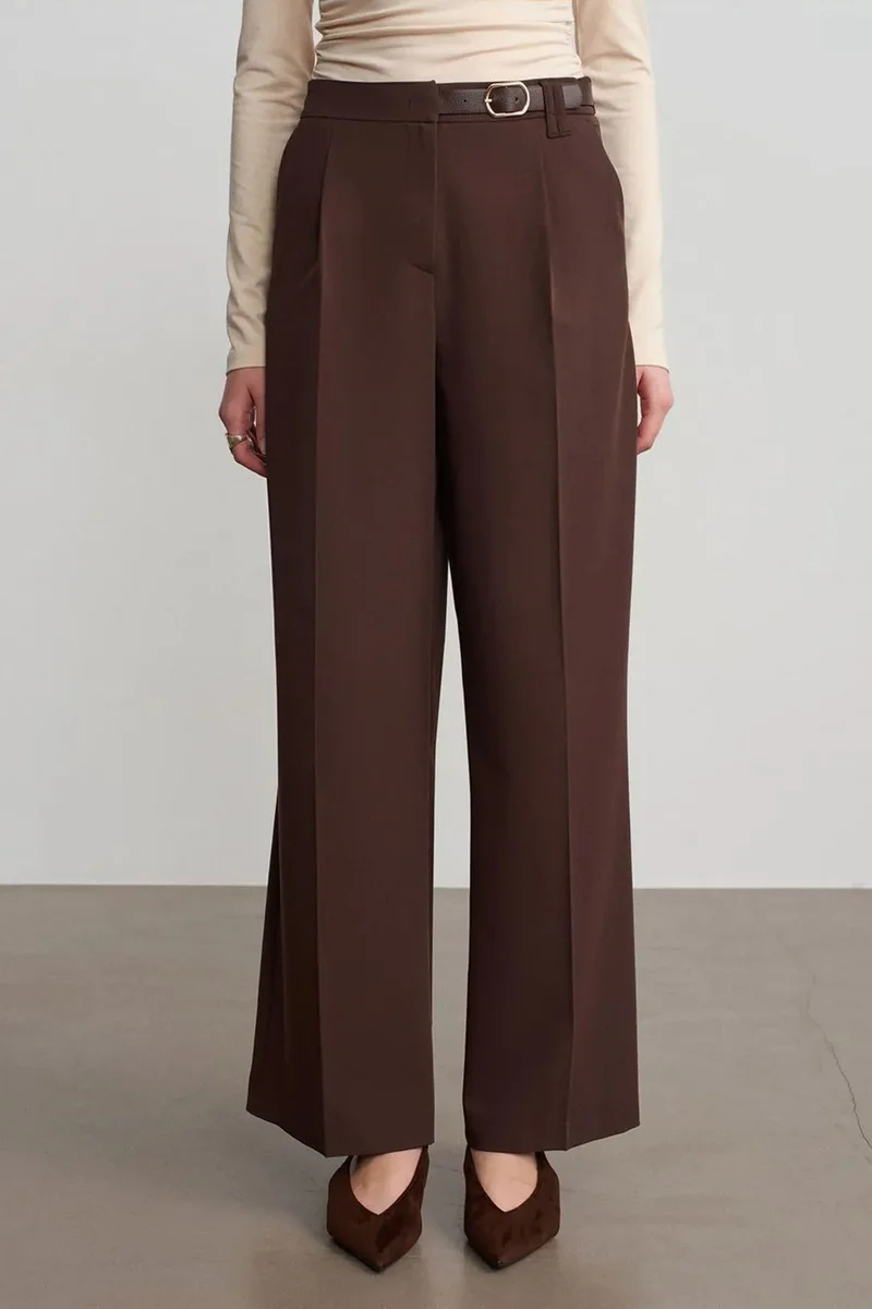 Dilvin Coffee Brown DILVIN Wide-leg Belted Crepe Trousers for Women | Best Price UAE