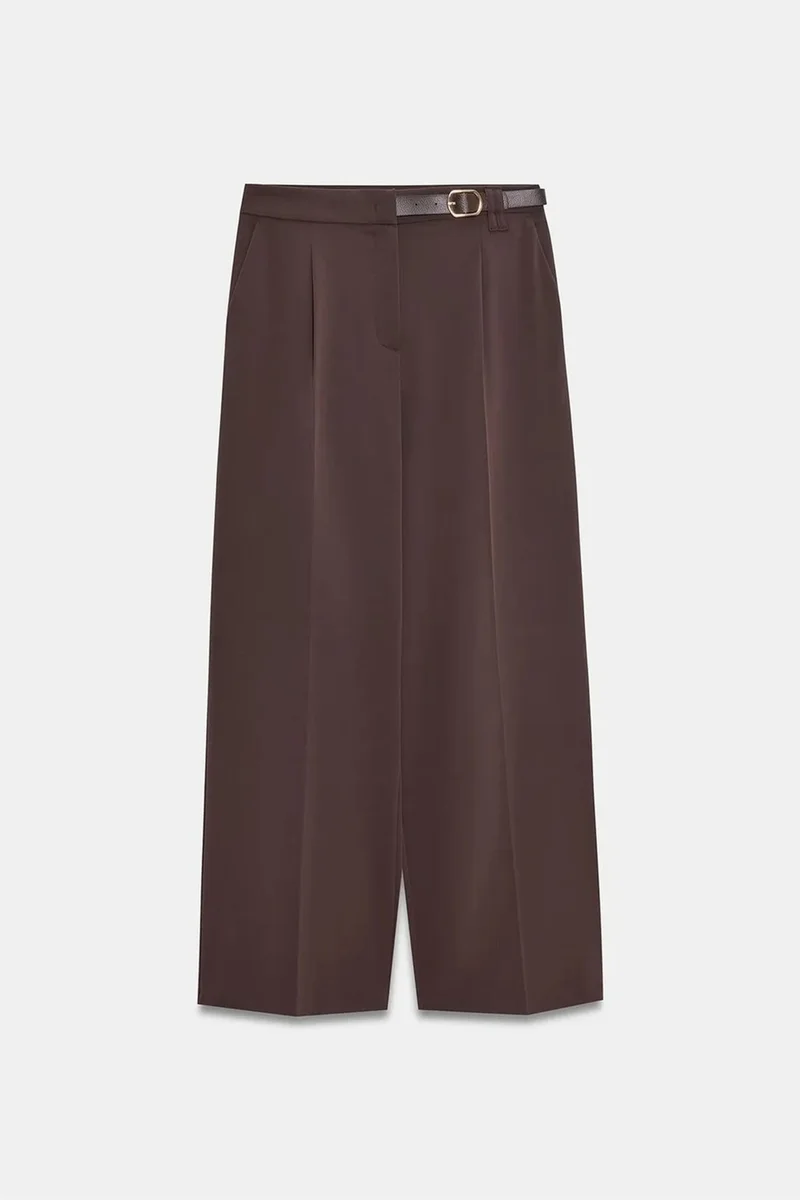 Dilvin Coffee Brown DILVIN Wide-leg Belted Crepe Trousers for Women | Best Price UAE