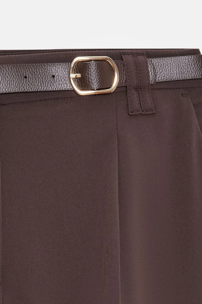 Dilvin Coffee Brown DILVIN Wide-leg Belted Crepe Trousers for Women | Best Price UAE