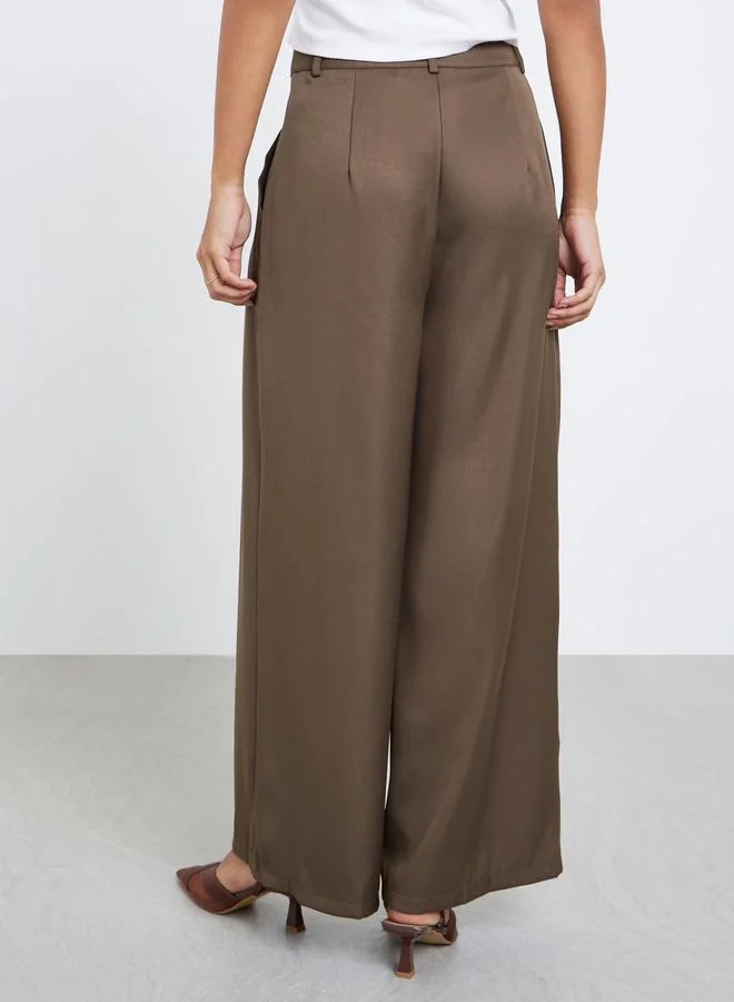 Styli Styli Brown Wide Leg Fold Pleated Pants