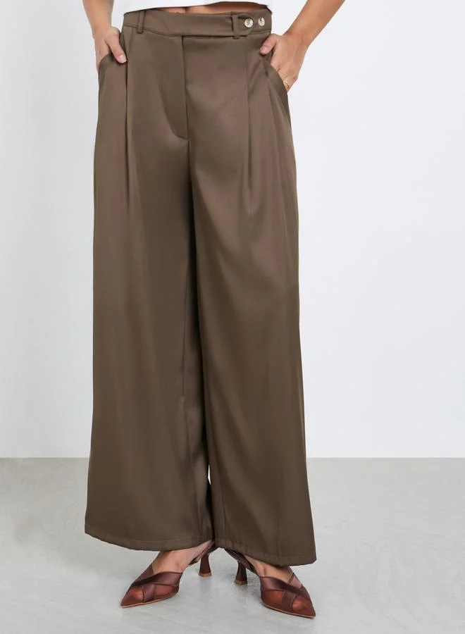 Styli Styli Brown Wide Leg Fold Pleated Pants