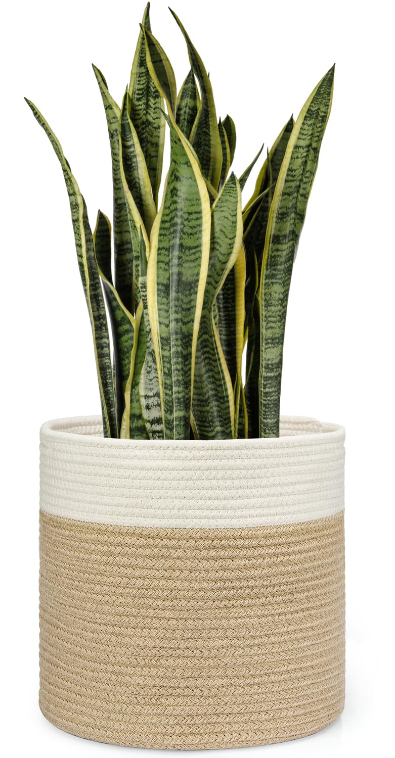 Dahey Jute Spliced Cotton Rope Plant Basket Modern Woven Storage Basket for 12" Floor Indoor Planter, Decorative Flower Pots Cover Laundry Bin with Handle Rustic Home Decor, White and Beige - Image 1