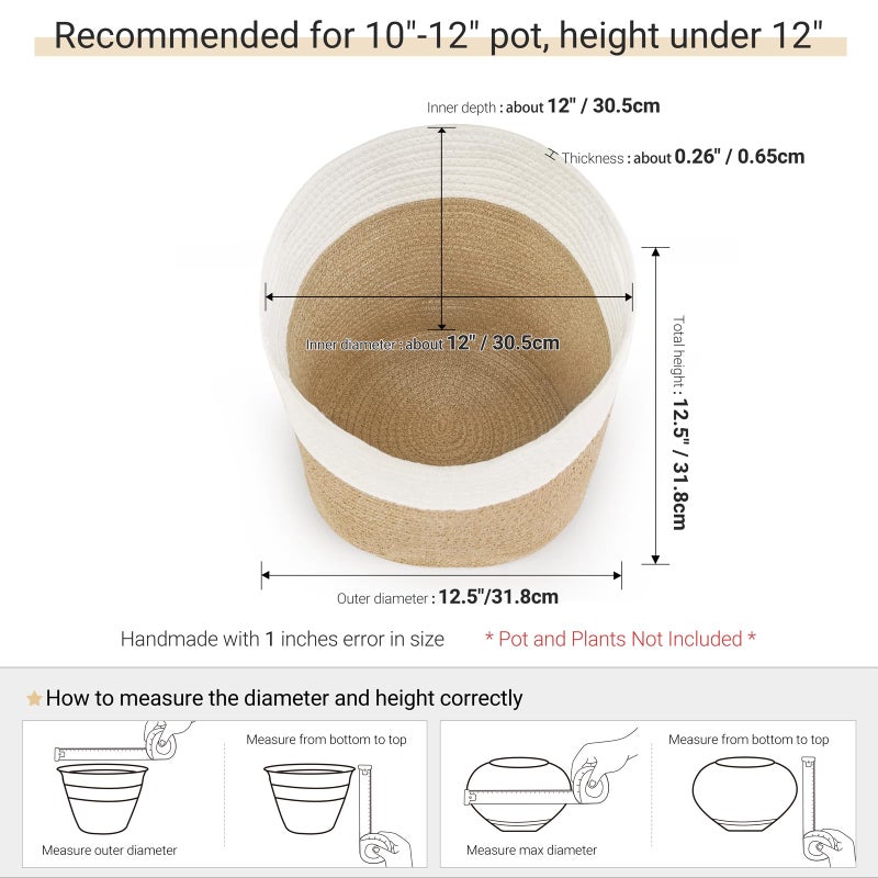 Dahey Jute Spliced Cotton Rope Plant Basket Modern Woven Storage Basket for 12" Floor Indoor Planter, Decorative Flower Pots Cover Laundry Bin with Handle Rustic Home Decor, White and Beige - Image 3