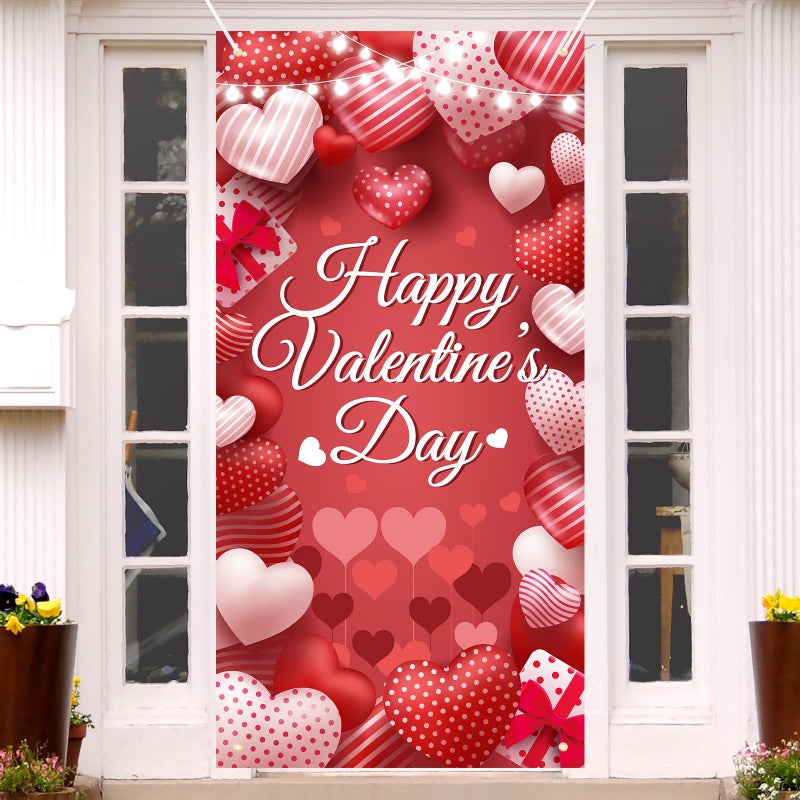 Photken 73 x 36 Inch Happy Valentineâ€™s Day Banner Door Cover, Red Heart and Gift Box Themed Porch Sign, Large Front Door Wall Backdrop for Indoor Outdoor Romantic Party Decorations and Photo Booth Props - Image 1