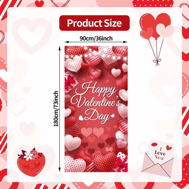 Photken 73 x 36 Inch Happy Valentineâ€™s Day Banner Door Cover, Red Heart and Gift Box Themed Porch Sign, Large Front Door Wall Backdrop for Indoor Outdoor Romantic Party Decorations and Photo Booth Props - Image 2