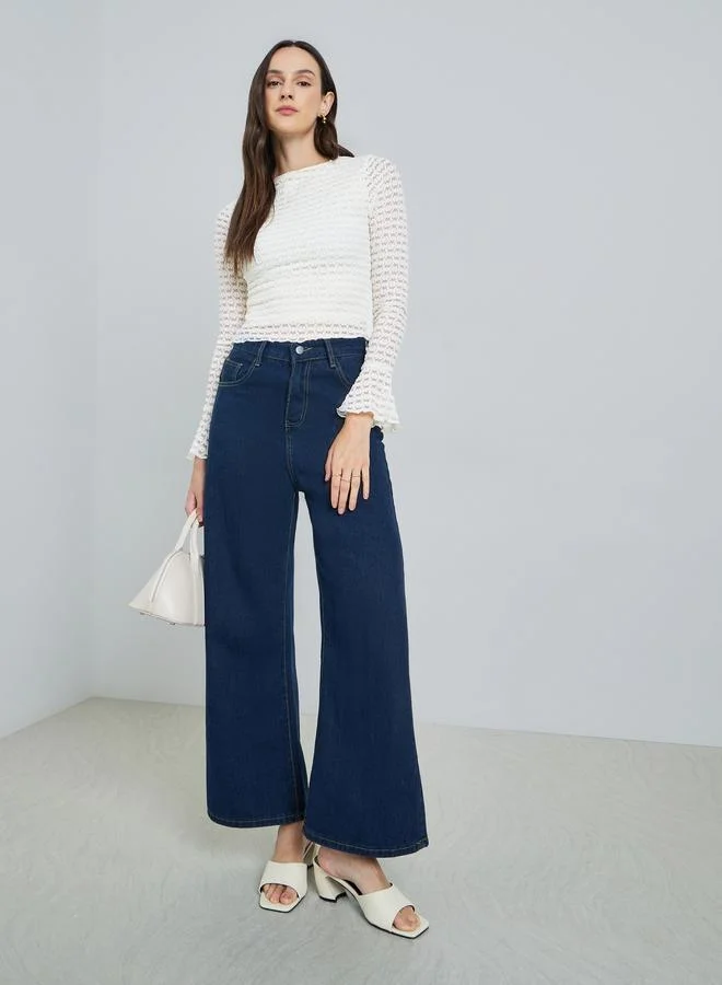 تايك تو Women's Texture Round Neck Flare Sleeve Top