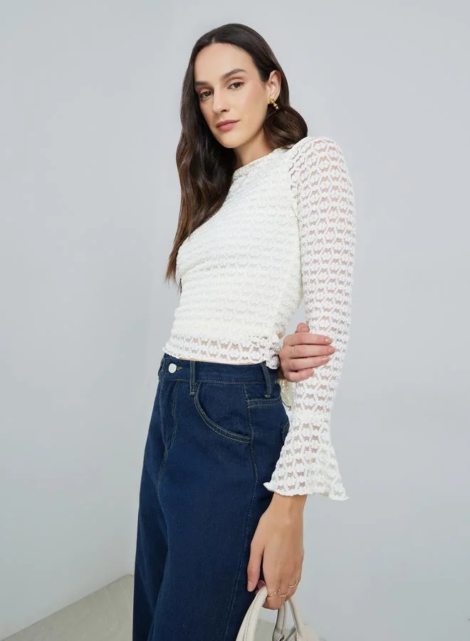 تايك تو Women's Texture Round Neck Flare Sleeve Top