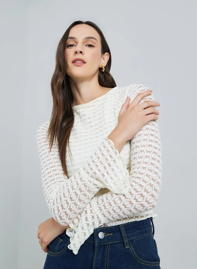 تايك تو Women's Texture Round Neck Flare Sleeve Top
