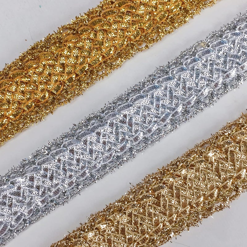 Lami شريط كروشيه كرواتيا لامي 9 متر بلون فضي لامع، تغليف احتفالي زخرفي، حواف دانتيل، شريط، أناركالي، ساري، زينة هندية، أشرطة للتزيين - Image 3