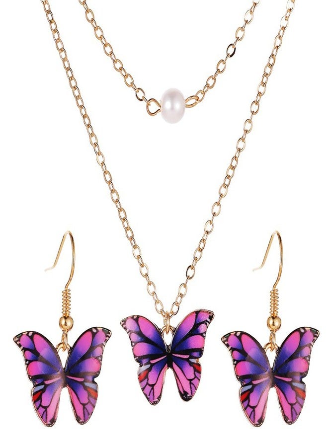 MarveBard Butterfly Necklace Earring Set for Women Colorful Butterfly Drop Dangle Earrings Elegant Double-Layer Pearl Butterfly Pendant Necklace Cute Insect Set Birthday Party Wedding Jewelry (Purple) - Image 1