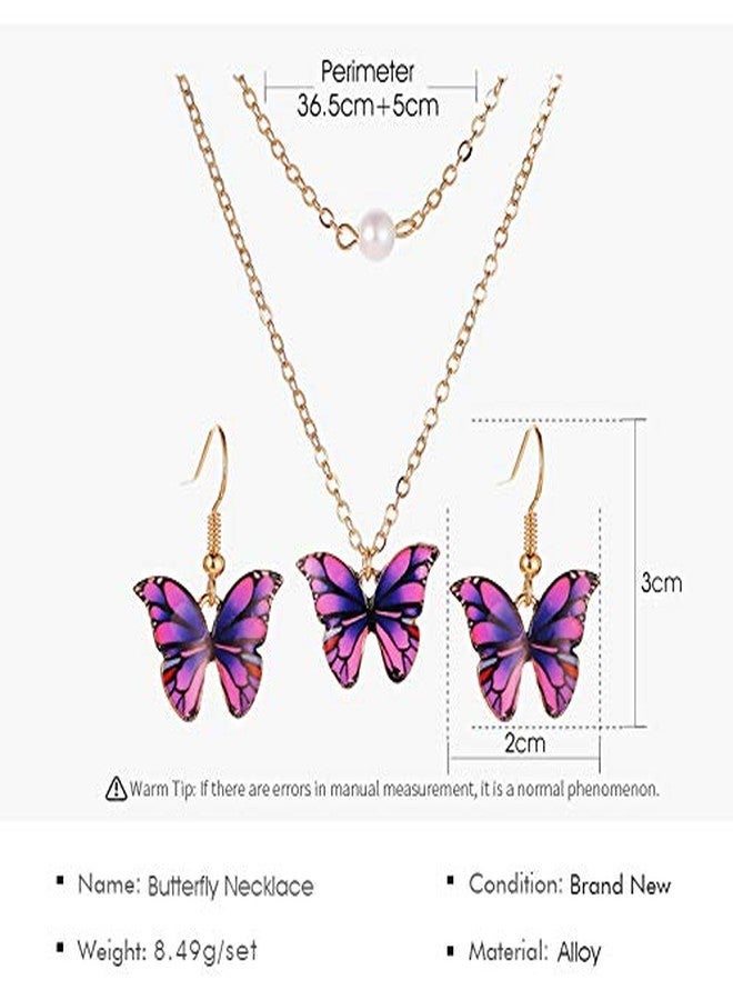 MarveBard Butterfly Necklace Earring Set for Women Colorful Butterfly Drop Dangle Earrings Elegant Double-Layer Pearl Butterfly Pendant Necklace Cute Insect Set Birthday Party Wedding Jewelry (Purple) - Image 3