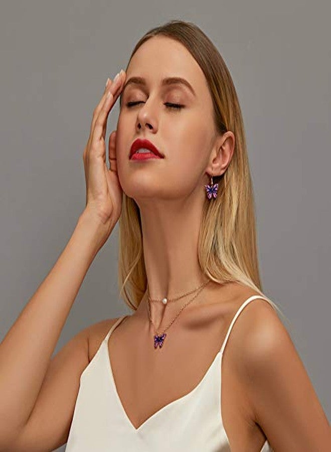 MarveBard Butterfly Necklace Earring Set for Women Colorful Butterfly Drop Dangle Earrings Elegant Double-Layer Pearl Butterfly Pendant Necklace Cute Insect Set Birthday Party Wedding Jewelry (Purple) - Image 2