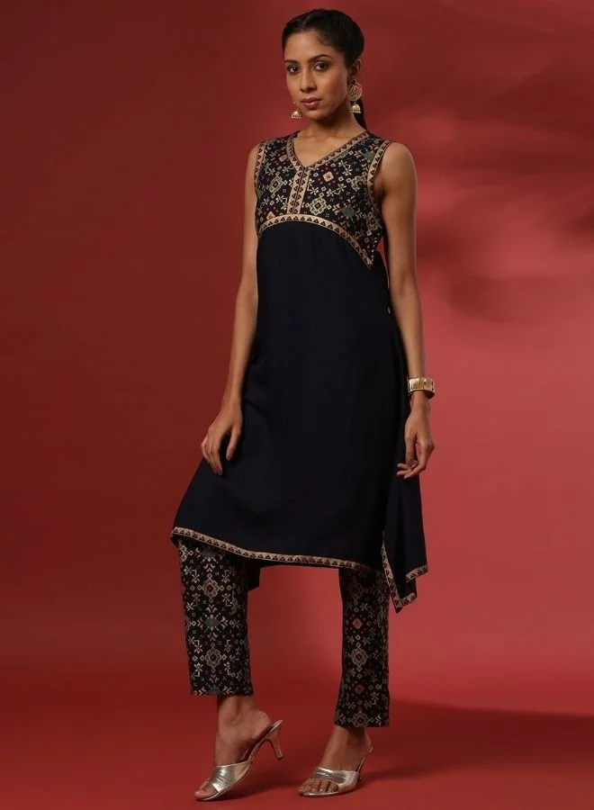 Abhishti curved hem printed 2pc kurta set-navy