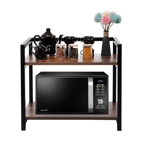 RIZIK STORE™ 2-Tier Metal & Wooden Microwave Oven Stand - Multipurpose Extra Storage for Kitchen, Coffee Bar, Countertop, Bathroom (Design 2) - Image 1