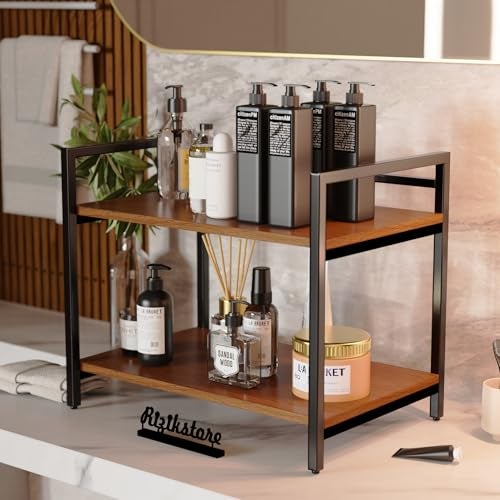 RIZIK STORE™ 2-Tier Metal & Wooden Microwave Oven Stand - Multipurpose Extra Storage for Kitchen, Coffee Bar, Countertop, Bathroom (Design 2) - Image 3