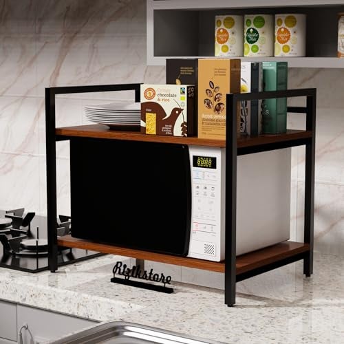 RIZIK STORE™ 2-Tier Metal & Wooden Microwave Oven Stand - Multipurpose Extra Storage for Kitchen, Coffee Bar, Countertop, Bathroom (Design 2) - Image 2