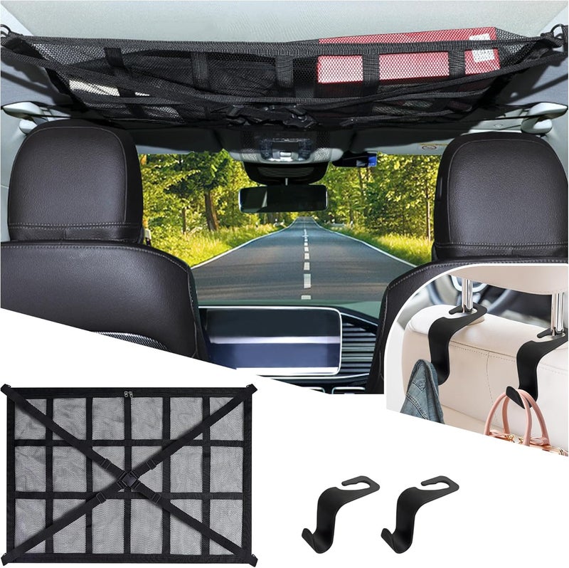 NHHC Car Ceiling Cargo Net with Headrest Hooks - Image 1