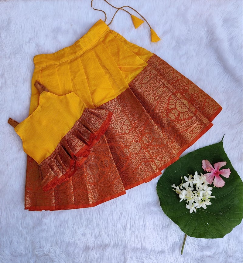 Picksparrow Girls Pure Cotton Silk Solid Baby Girl Pattu Pavadai/Kids Readymade Lehenga Choli/Traditional Dress Clothing Set (Pleated Top) (0-6 Months, Yellow) - Image 3