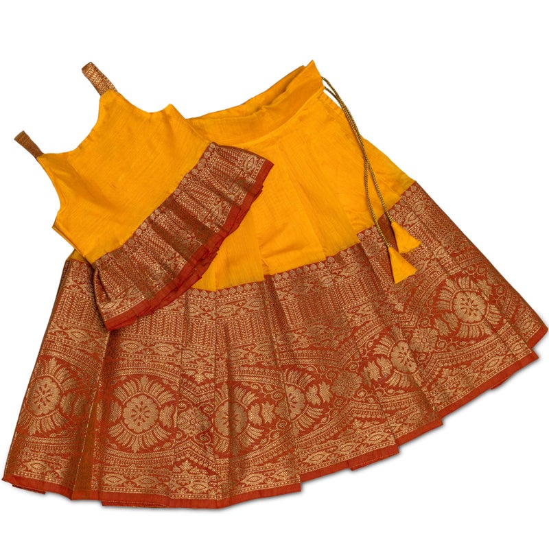 Picksparrow Girls Pure Cotton Silk Solid Baby Girl Pattu Pavadai/Kids Readymade Lehenga Choli/Traditional Dress Clothing Set (Pleated Top) (0-6 Months, Yellow) - Image 4