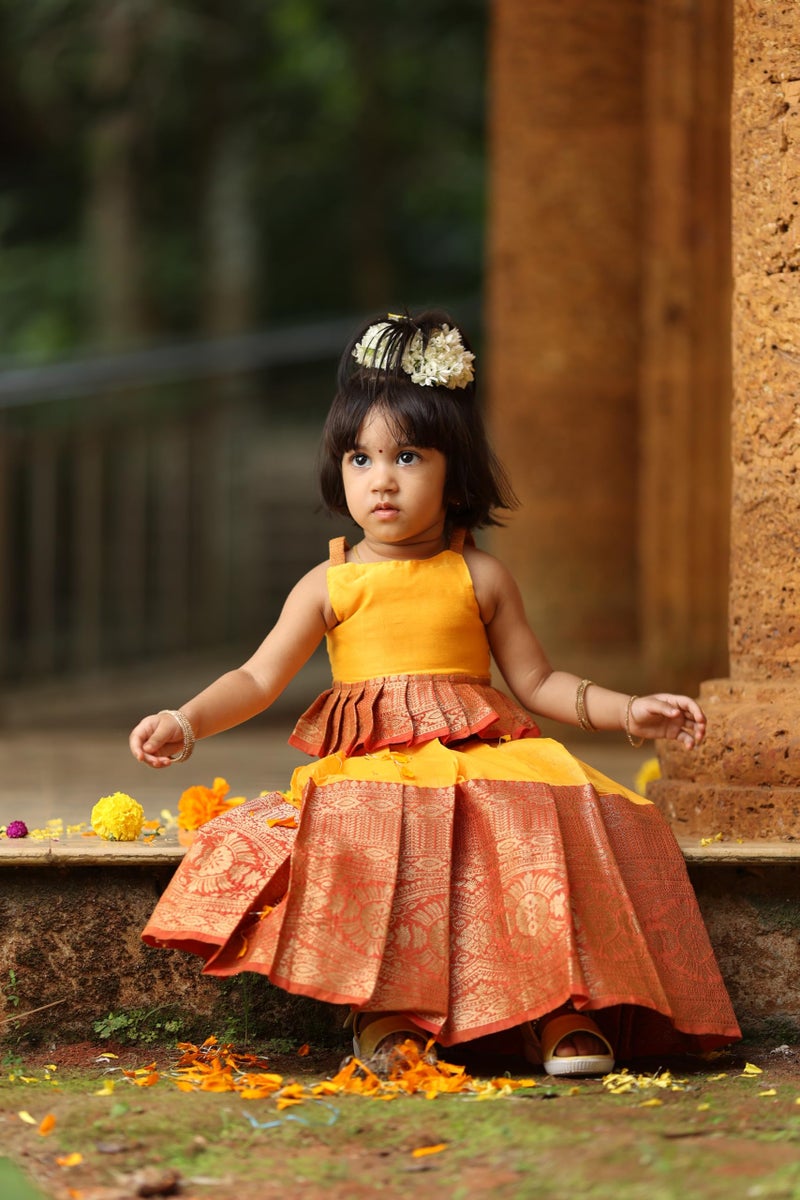 Picksparrow Girls Pure Cotton Silk Solid Baby Girl Pattu Pavadai/Kids Readymade Lehenga Choli/Traditional Dress Clothing Set (Pleated Top) (0-6 Months, Yellow) - Image 2