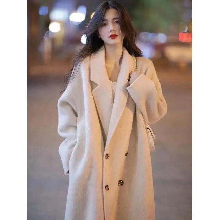 Autumn and Winter Korean Double-sided Fleece Wool Coat Womens 2024 New Fashionable Western Style Loose Mid-length Coat Coat Gown T3412#Apricot 