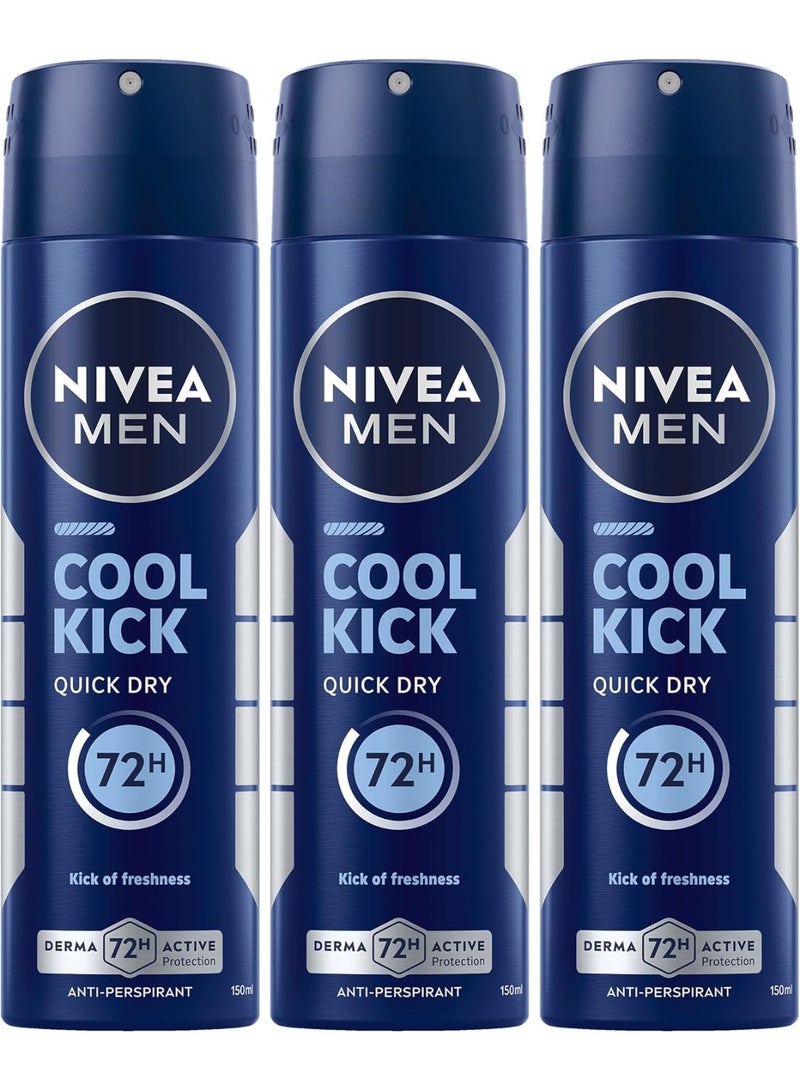NIVEA MEN Deodorant Spray for Men, 72h Protection, Cool Kick quick dry anti perspirant, 3x150ml - Image 1