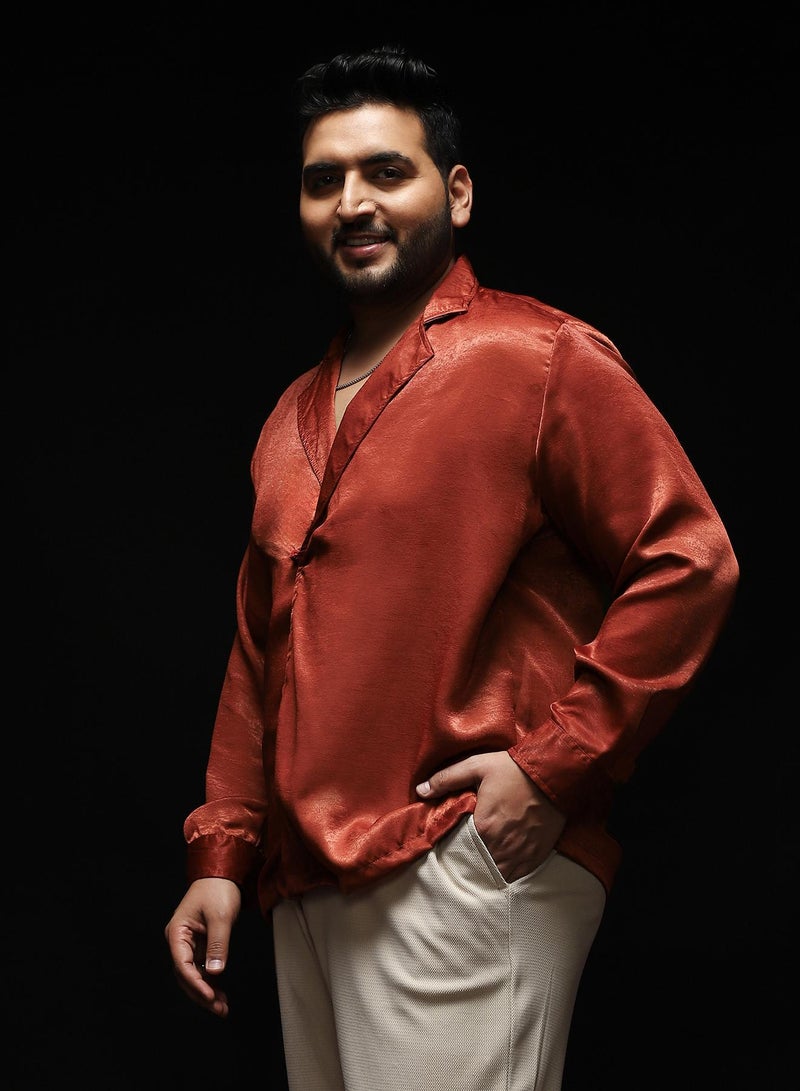 Instafab Plus Men's Brick Red Cuban-Modular Shirt | Notch Collar , Long Cuffed Sleeves , Button Closure , Straight Hemline | Solid Plain Polyester Material For Casual & Vacation Wear - Image 3