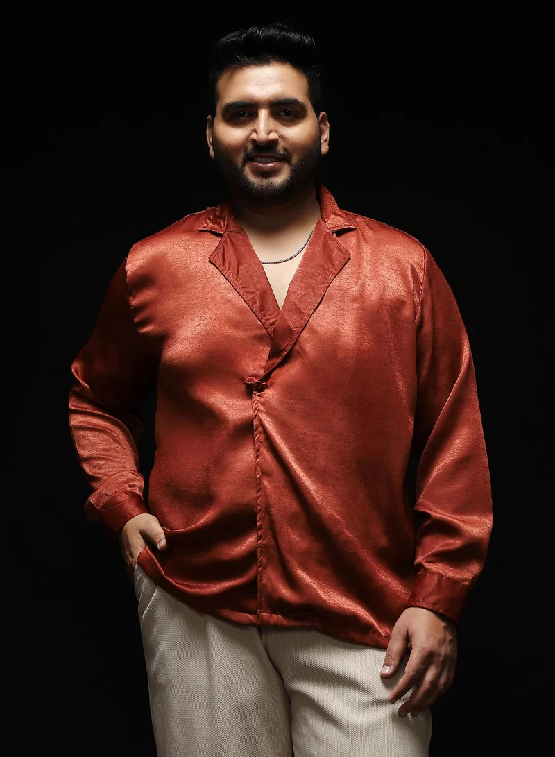 انستافاب بلس قميص رجالي أحمر طوبي بنمط كوبي بياقة مشقوقة وأكمام طويلة بأزرار وحاشية مستقيمة من البوليستر السادة للملابس الكاجوال والعطلات