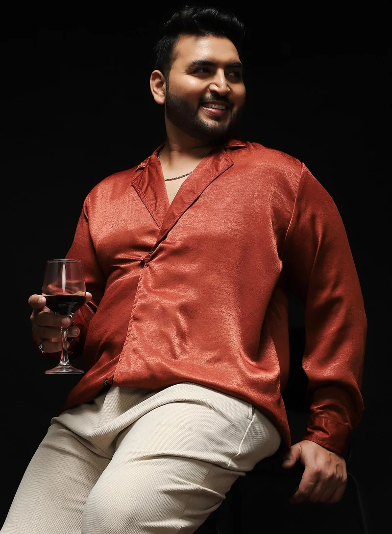 انستافاب بلس قميص رجالي أحمر طوبي بنمط كوبي بياقة مشقوقة وأكمام طويلة بأزرار وحاشية مستقيمة من البوليستر السادة للملابس الكاجوال والعطلات