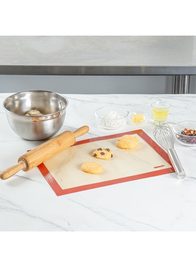 Restaurantware Half Size Silicone Baking Mat, 1 Heat-Resistant Cooking Mat - Reusable, Ultra-Durable, Tan And Red Silicone Nonstick Mat, For Pans And Rolling, 15.75 x 11.8 Inch - Image 3