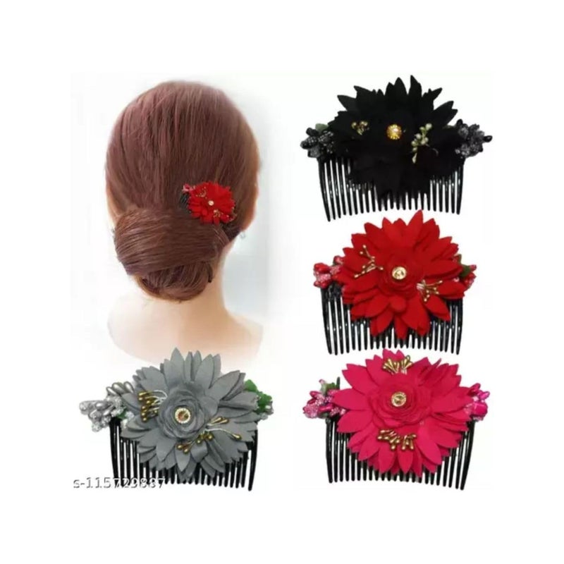 DN Creation Set of 4 Floral Side Clip Comb Juda Pin, Bridal Fancy Hair Accessories/Girls - Assorted Color - Image 1