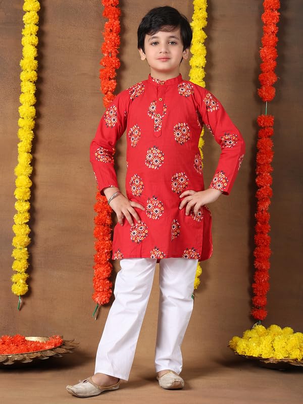 superminis Boys Cotton Kurta Pyjama Set | Gold Foil Printed Ethnic Wear for Kids | Baby Boy Kurta Set with Elastic Pyjama | Festival & Wedding Outfit (Red, 5-6 Years) - Image 2