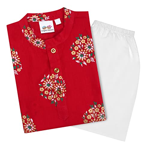 superminis Boys Cotton Kurta Pyjama Set | Gold Foil Printed Ethnic Wear for Kids | Baby Boy Kurta Set with Elastic Pyjama | Festival & Wedding Outfit (Red, 5-6 Years) - Image 1